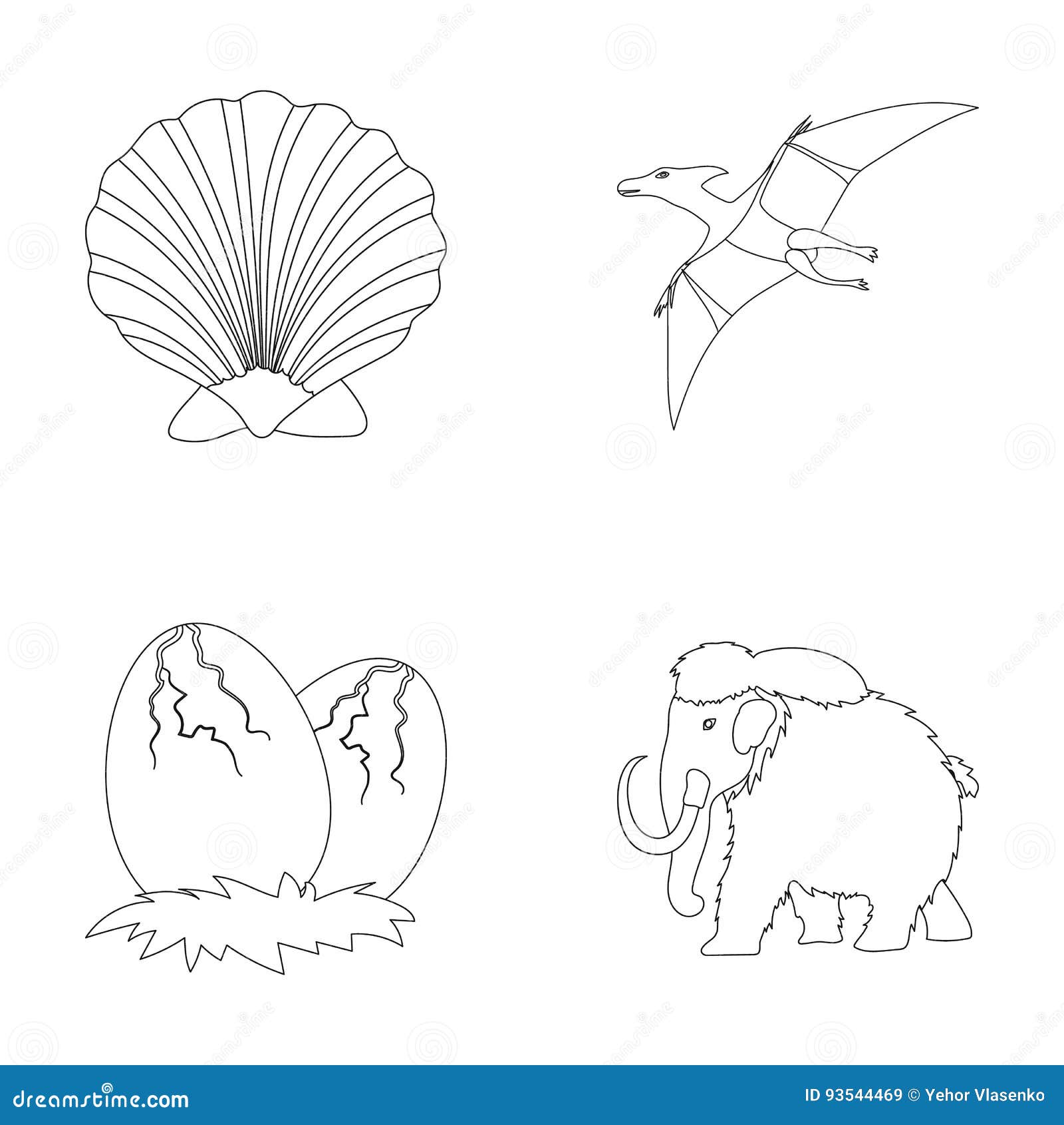 Prehistoric Shell, Dinosaur Eggs,pterodactyl, Mammoth. Dinosaur and  Prehistoric Period Set Collection Icons in Outline Stock Vector -  Illustration of tusks, paleontology: 93544469