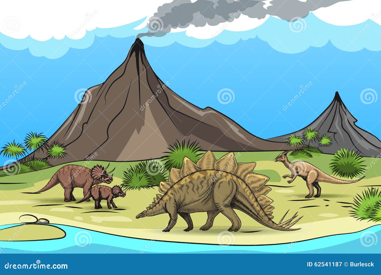 prehistory with dinosaurs and volcano