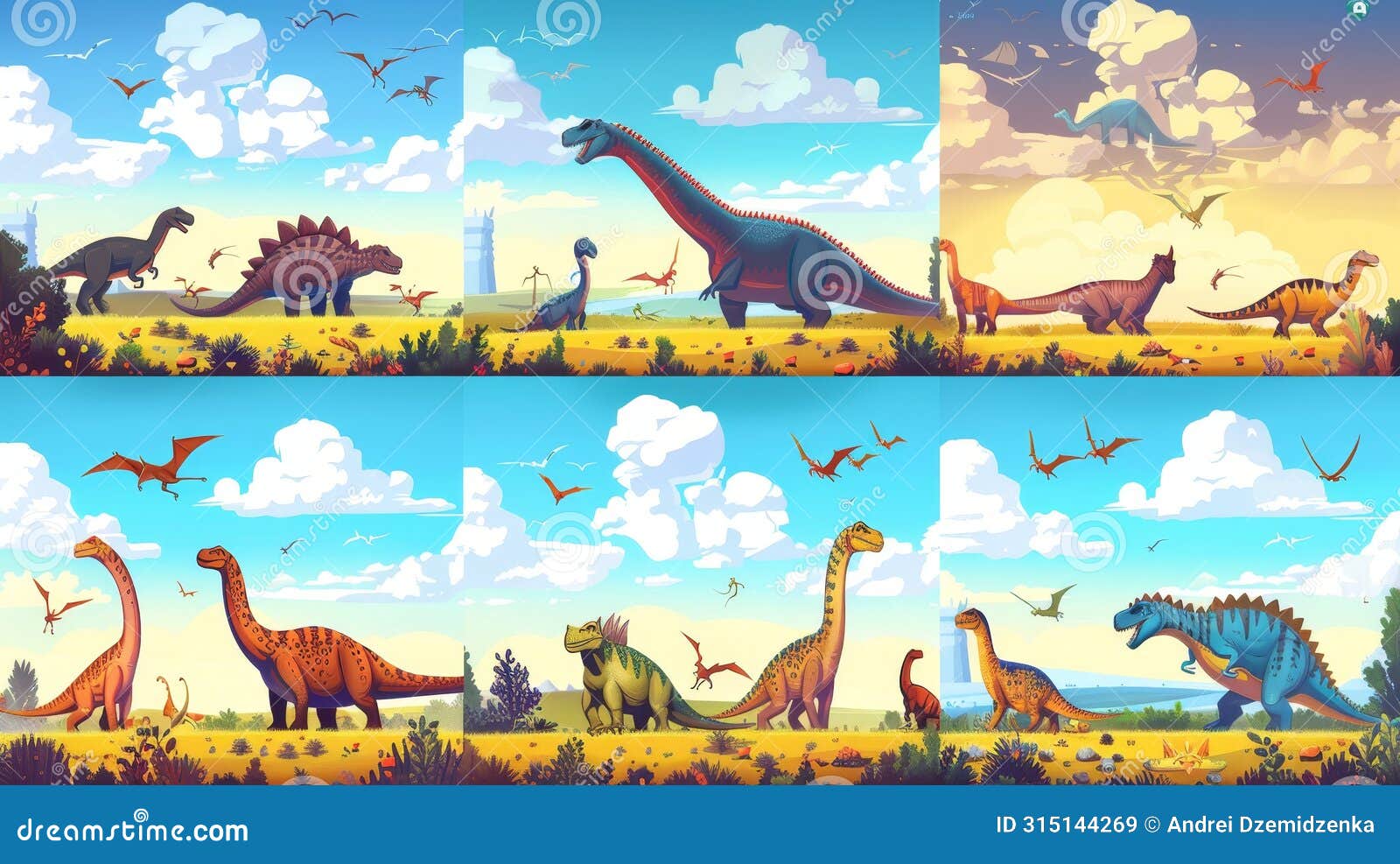 prehistory portal, paleontology study, exhibition service, dinosaur virtual park cartoon posters set. educational