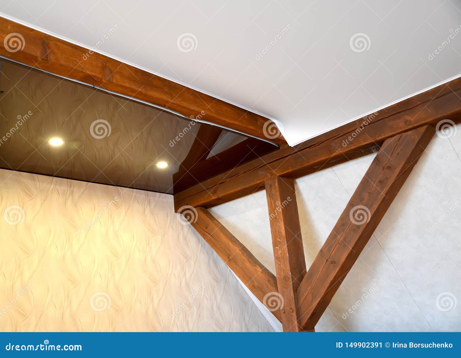Premises Corner With A Box Of A Stretch Ceiling And Wooden Beams