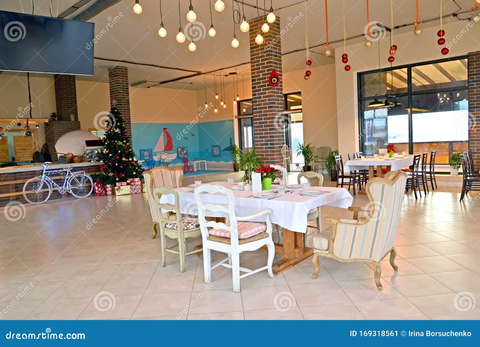 The Premises of the Restaurant with a Christmas Tree. Interior Stock