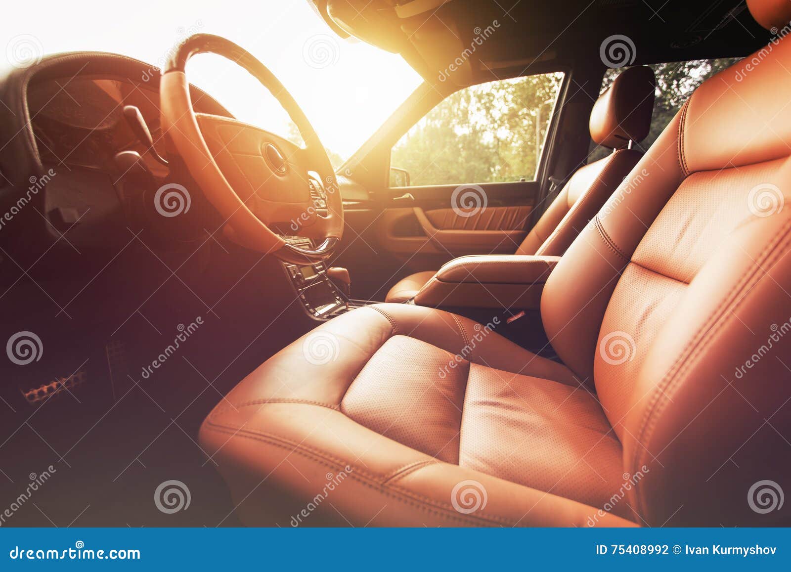 Premium Car Interior, Brown Leather At Sunset Stock Photo - Image of