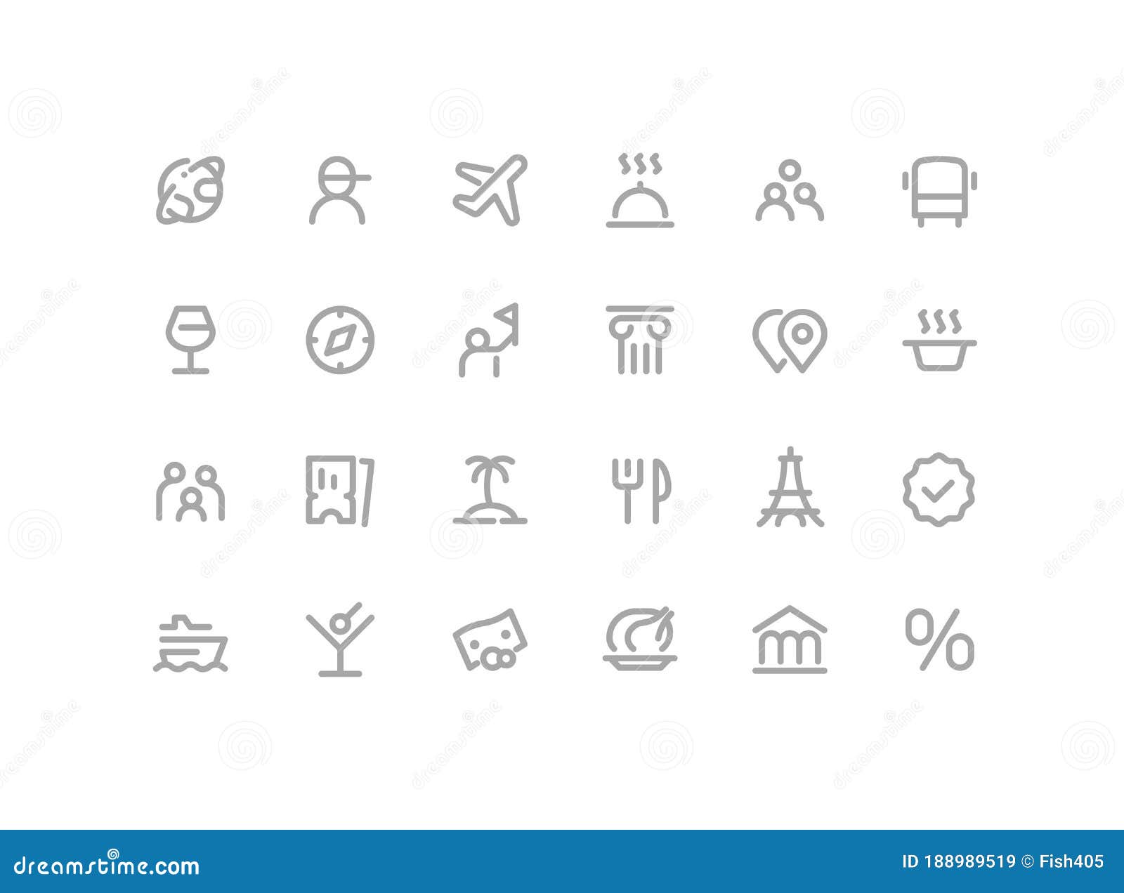 premium icons pack on travel and tourism, cruise options, tour. such line signs as guide, flights, excursions, beach