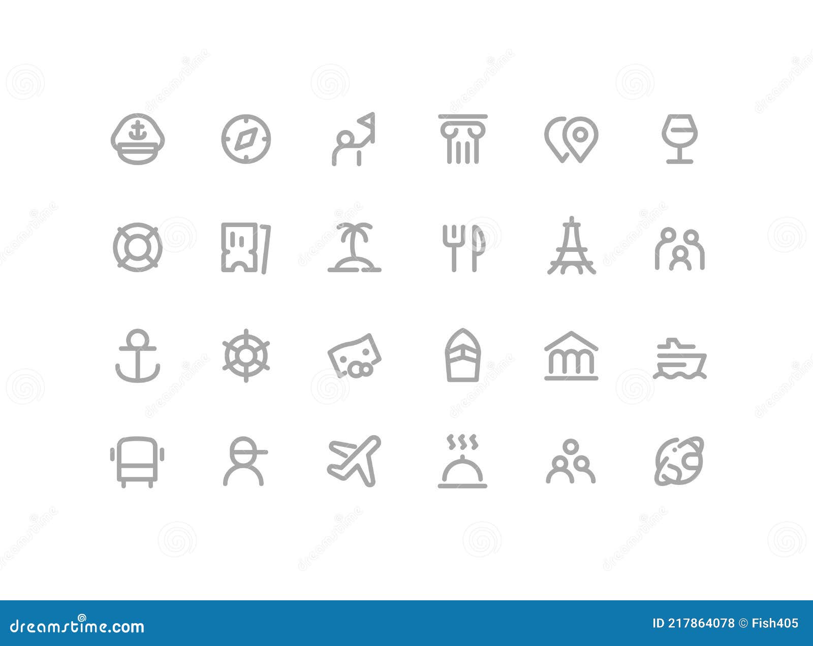 premium icons pack on travel and tourism, cruise options, tour. such line signs as guide, flights, excursions, beach
