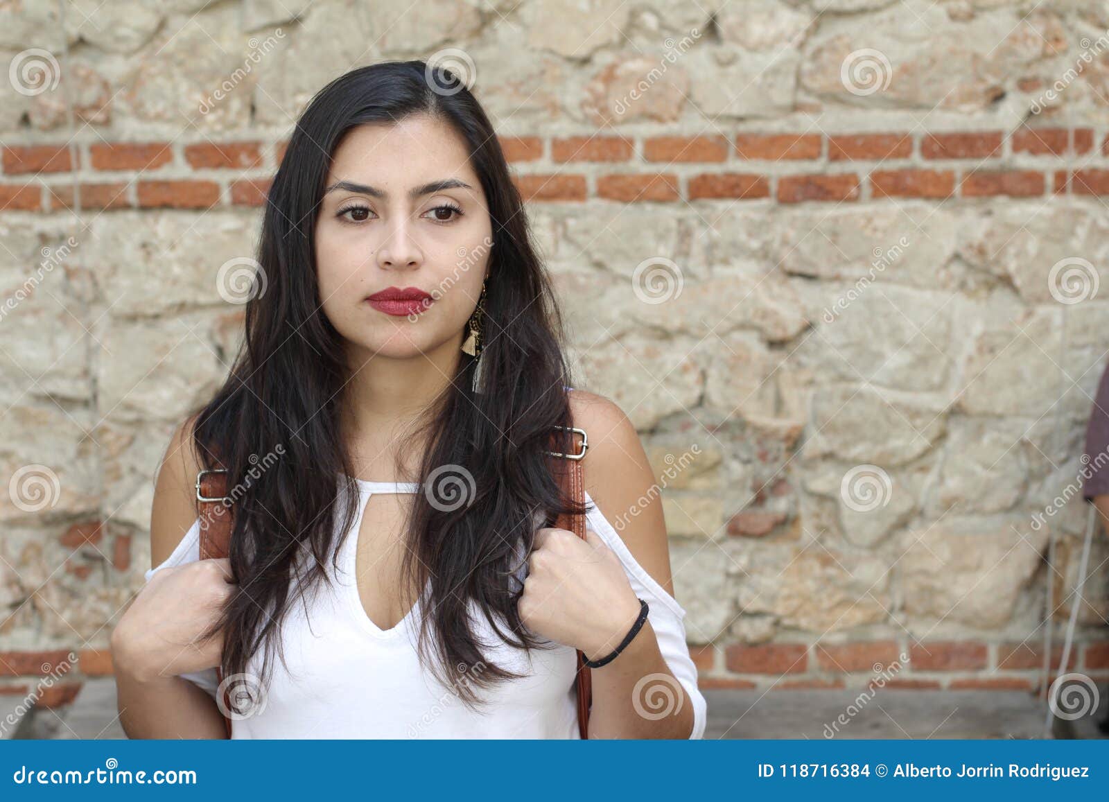 preoccupied ethnic woman with copy space