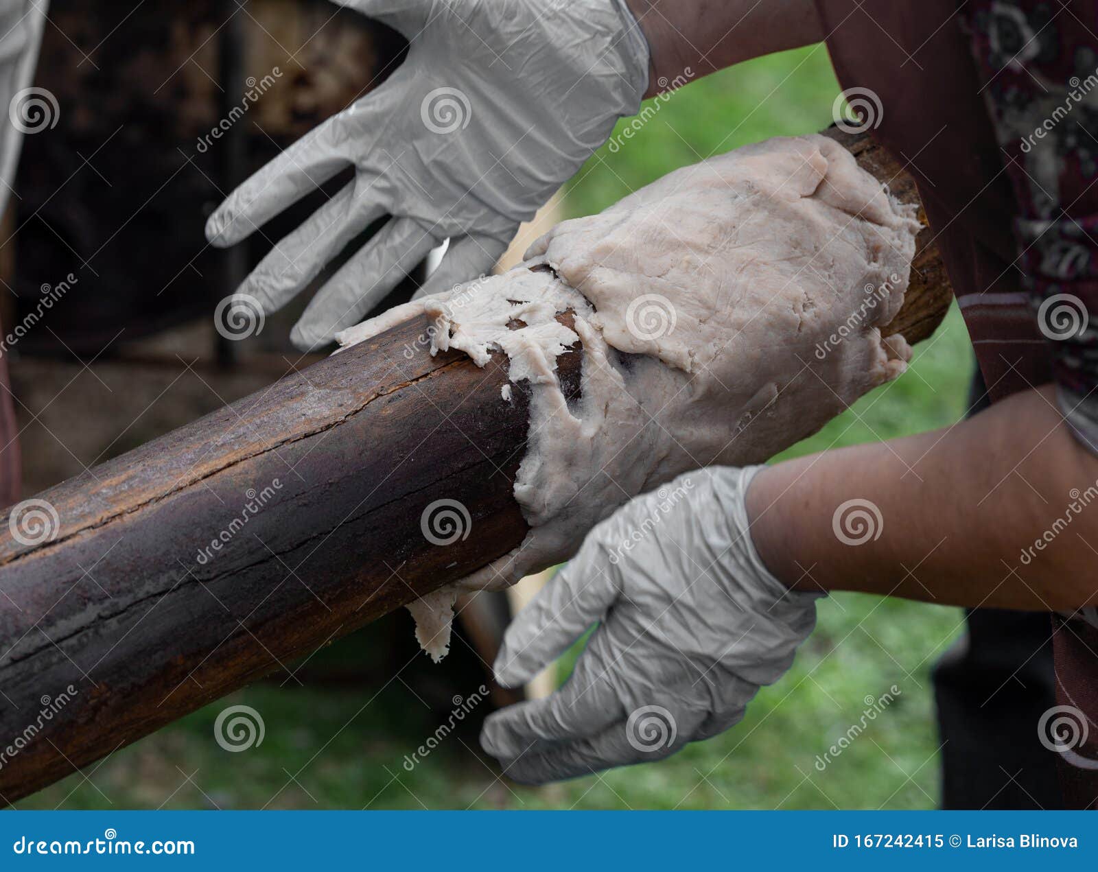 preparation of chochoca - tpical food of chiloe island, chile. chiilotan potato bread prepared on wooden stick