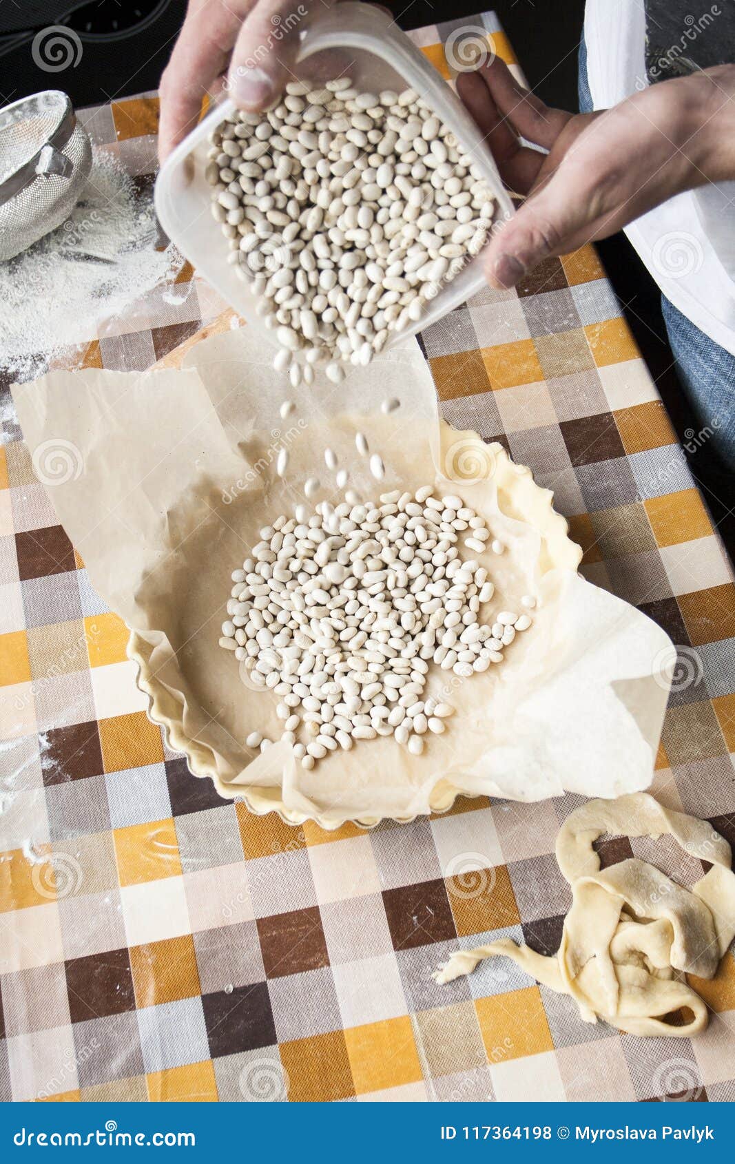 Preparation of a Form for Baking a Pie a Young Baker Pouring Be Stock