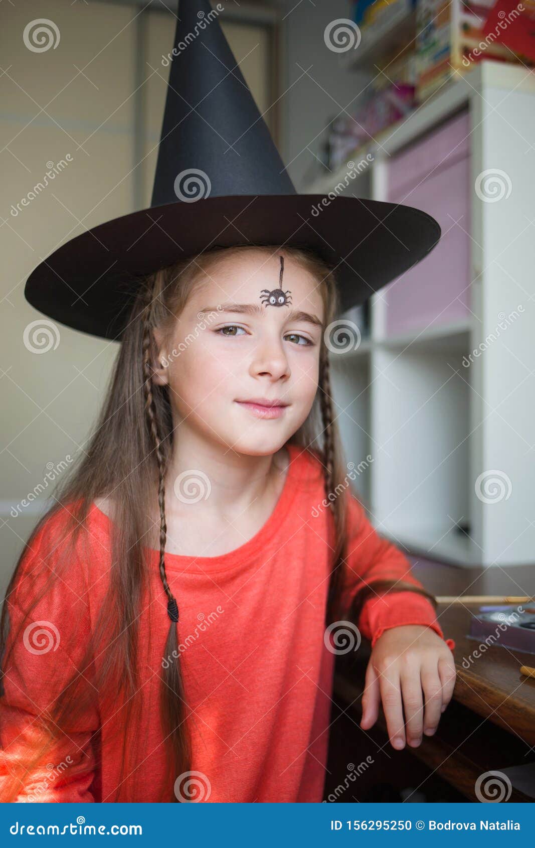 Preparation For Halloween. Child In A Witch Outfit Doing Face Painting.  Cute Spider. Idea Of Simple Suit, Diy Stock Photo - Image Of Frightening,  Spider: 156295250