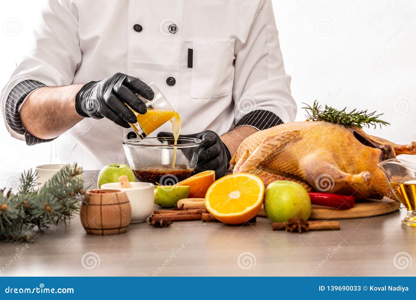 Preparation of the Marinade for Baked Duck, Adding Orange Juice in Chef