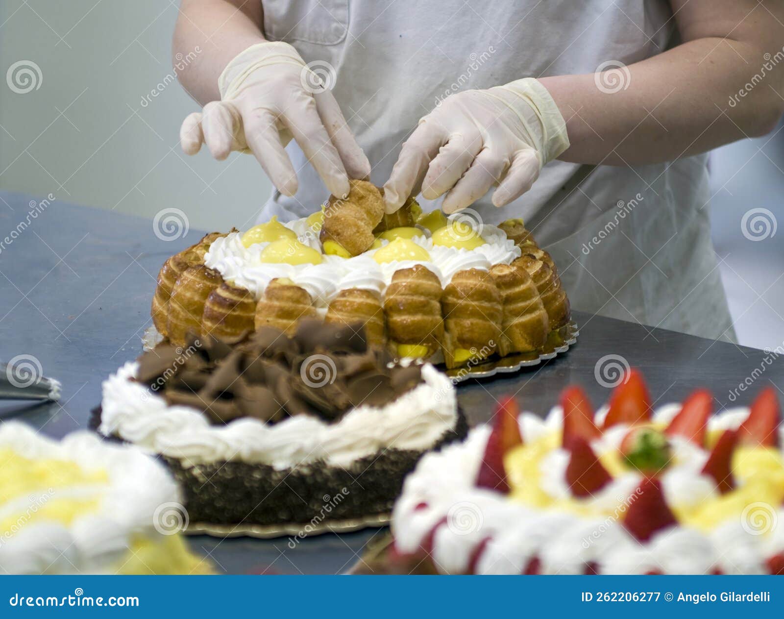 Preparation of Pastry Cake, Decoration with Cream Cannoli Stock Image