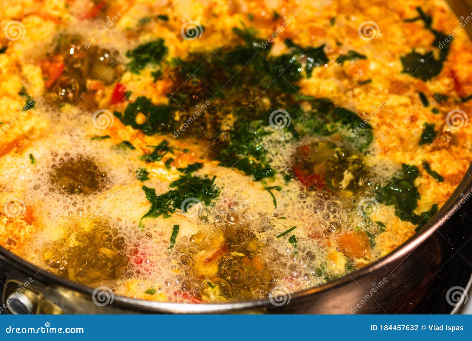Preparation of Soup with Chicken and Vegetables. Close Up of Boiling