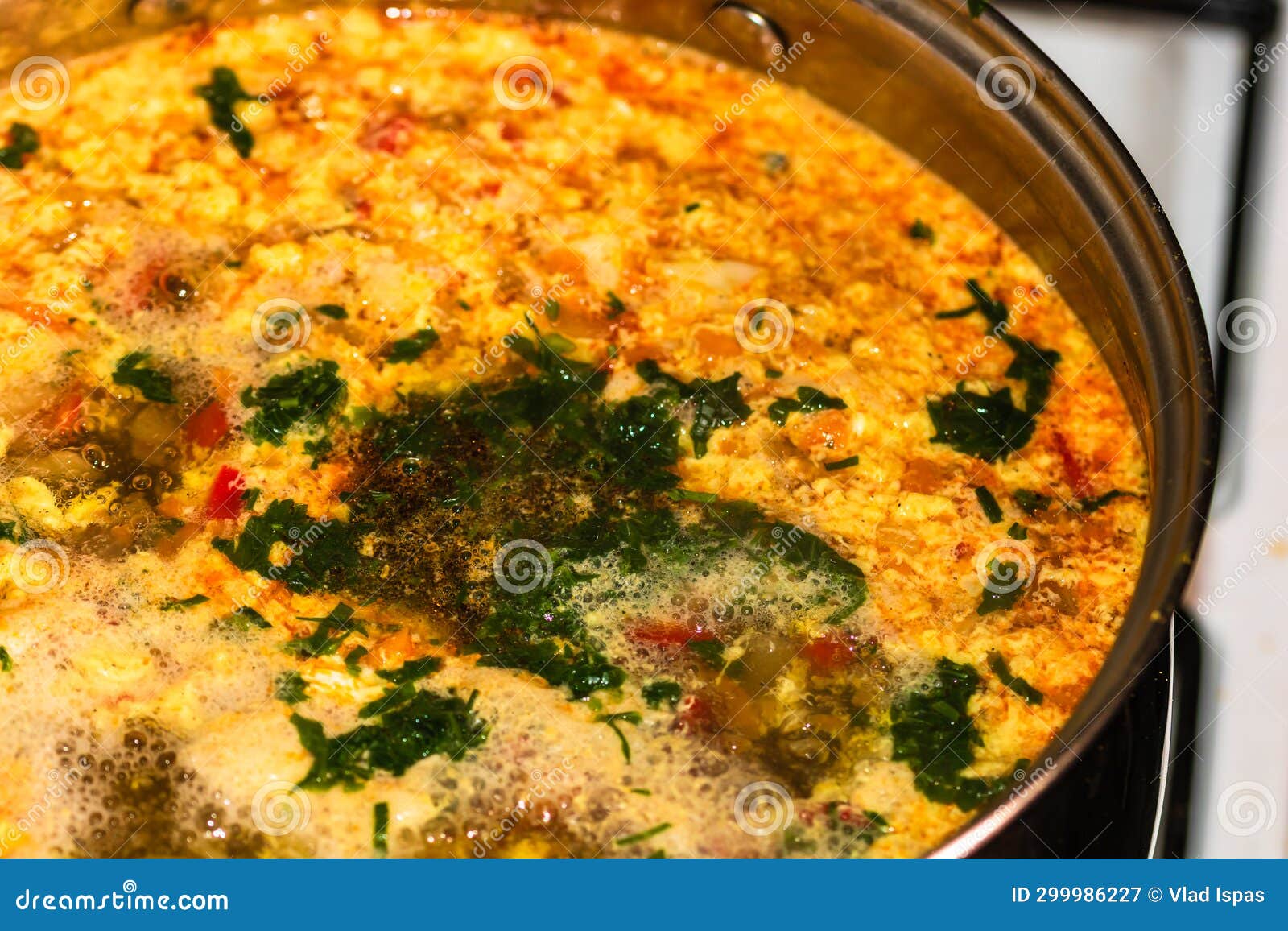Preparation of Soup with Chicken and Vegetables. Close Up of Boiling