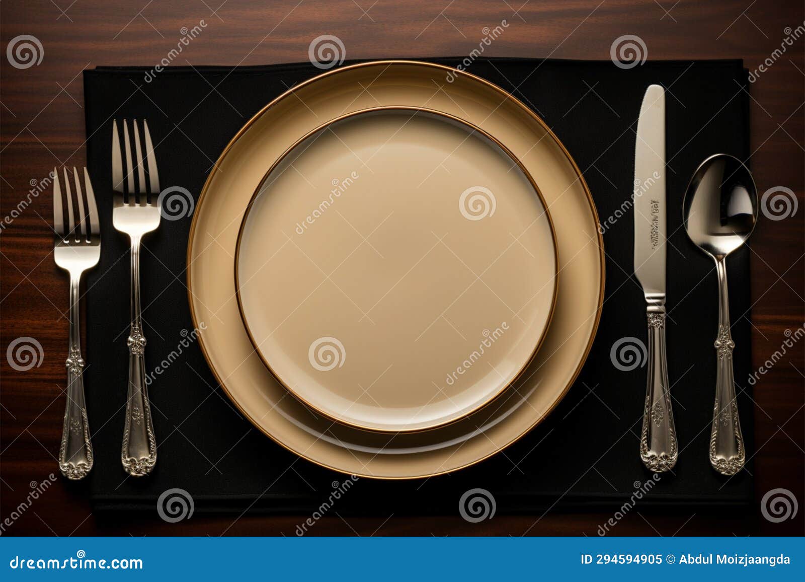 A Prepared Setting Plate with Knife, Fork, and Spoon Arranged Stock