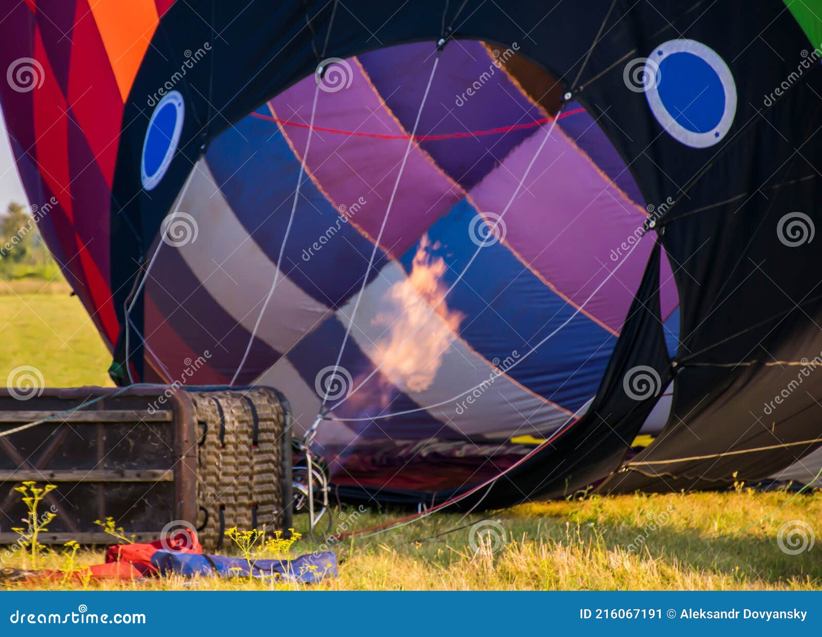 Preparing The Balloon For Flight. Gas Burner With Fire Inflates A