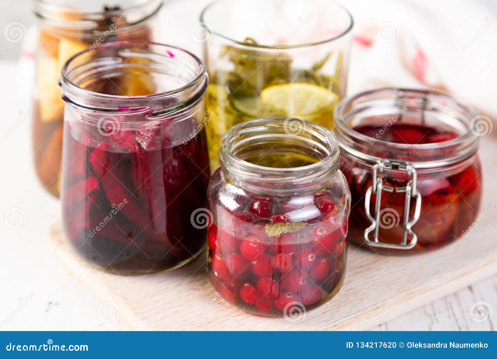 Preparing Drinking Vinegar Infusions in Glass Jars Stock Photo Image
