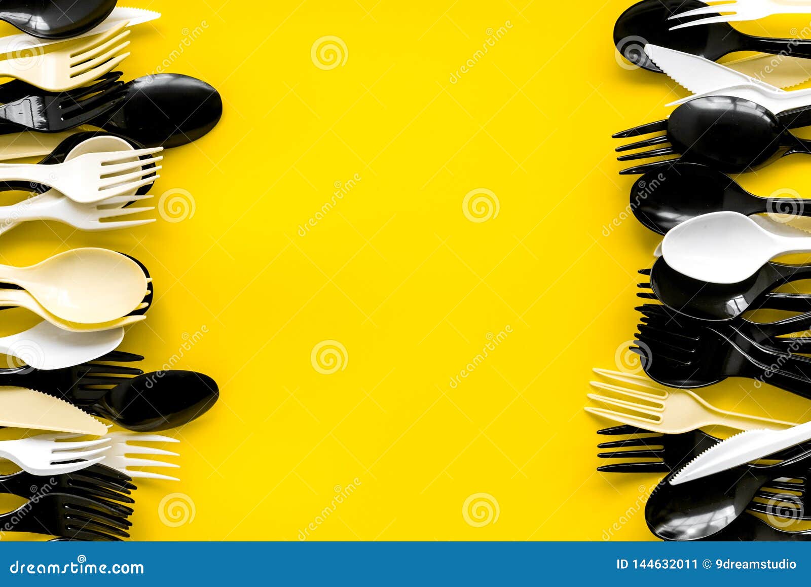 Preparing Food Concept for Restaurant Menu with Plastic Flatware Frame on Yellow  Background Top View Stock Image - Image of disposable, food: 144632011