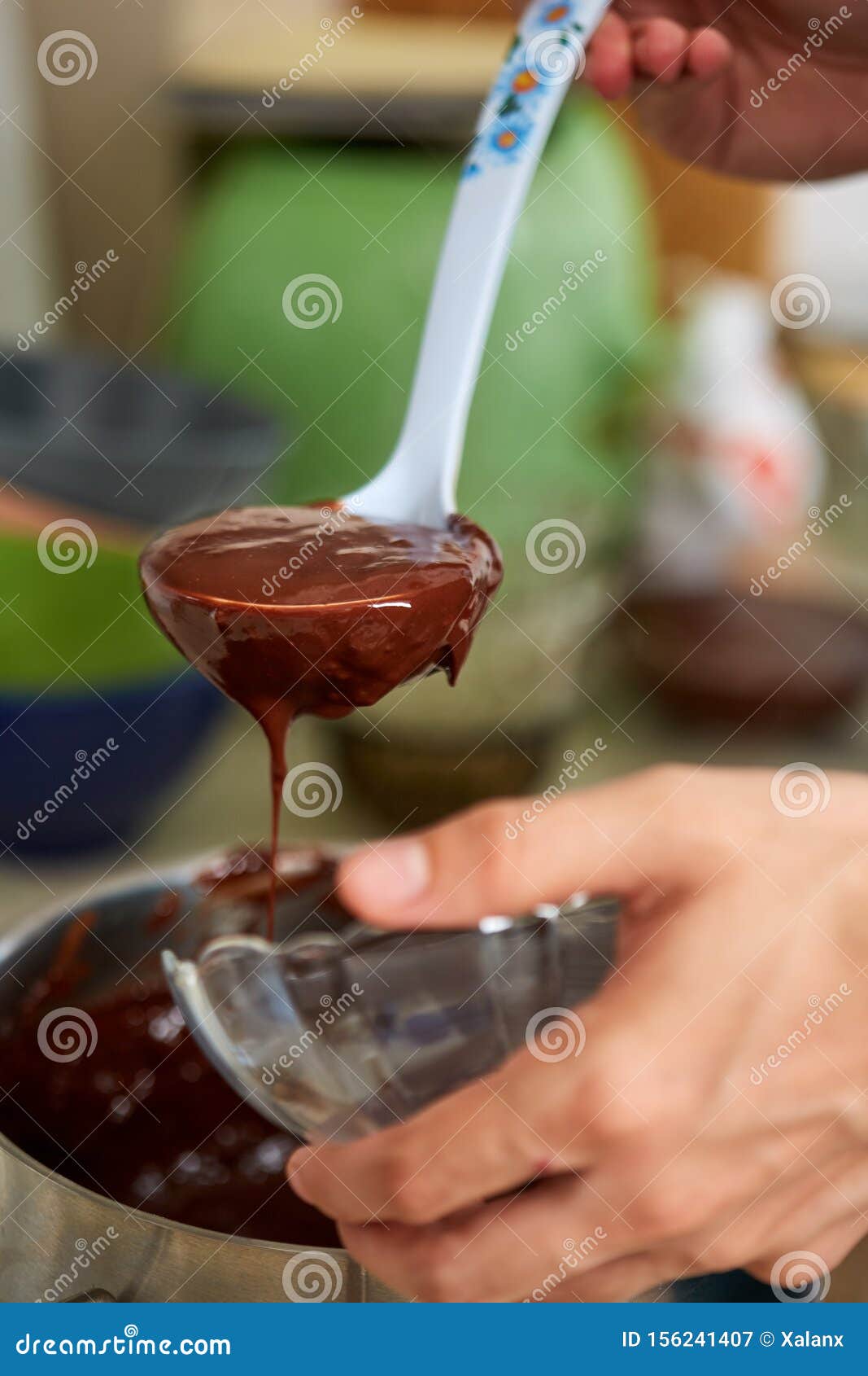 Preparing Homemade Chocolate Pudding, Closeup on Hands Stock Image
