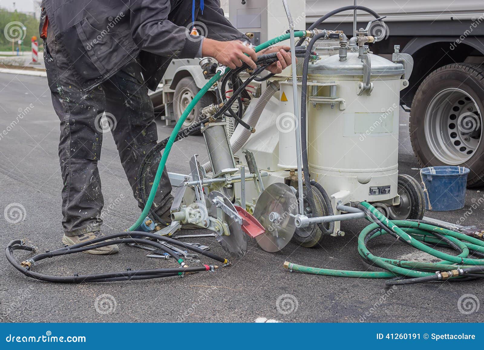 Preparing Paint Machine for Marking New Road Lines Stock Image Image