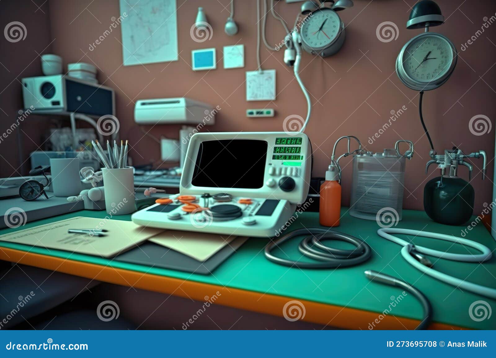 Preparing for Patients a Medical Office Brimming with Equipment and Instruments Ai Generated