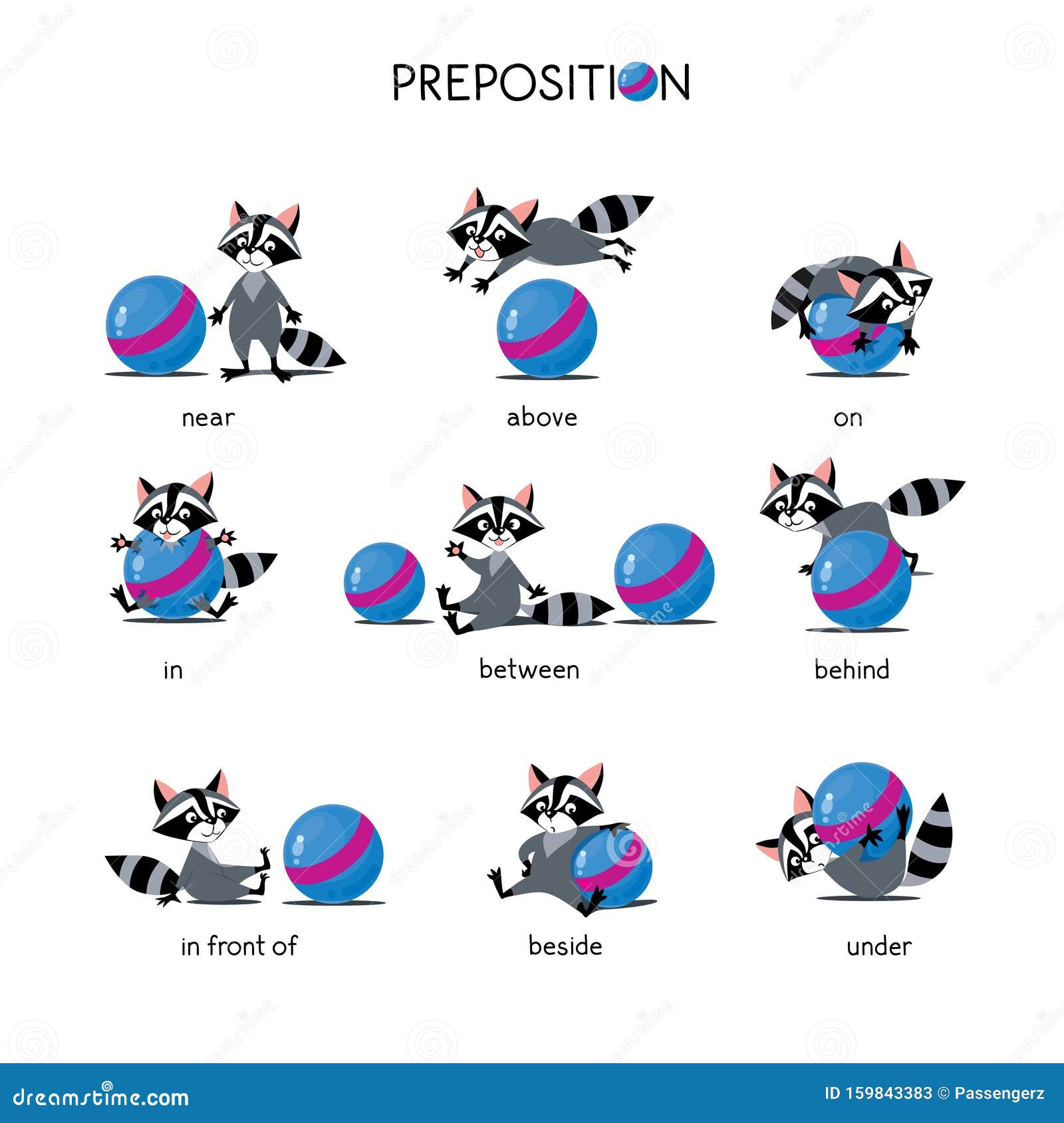 Preposition of Place Set. Raccoon and Ball Stock Illustration -  Illustration of ball, clipart: 159843383