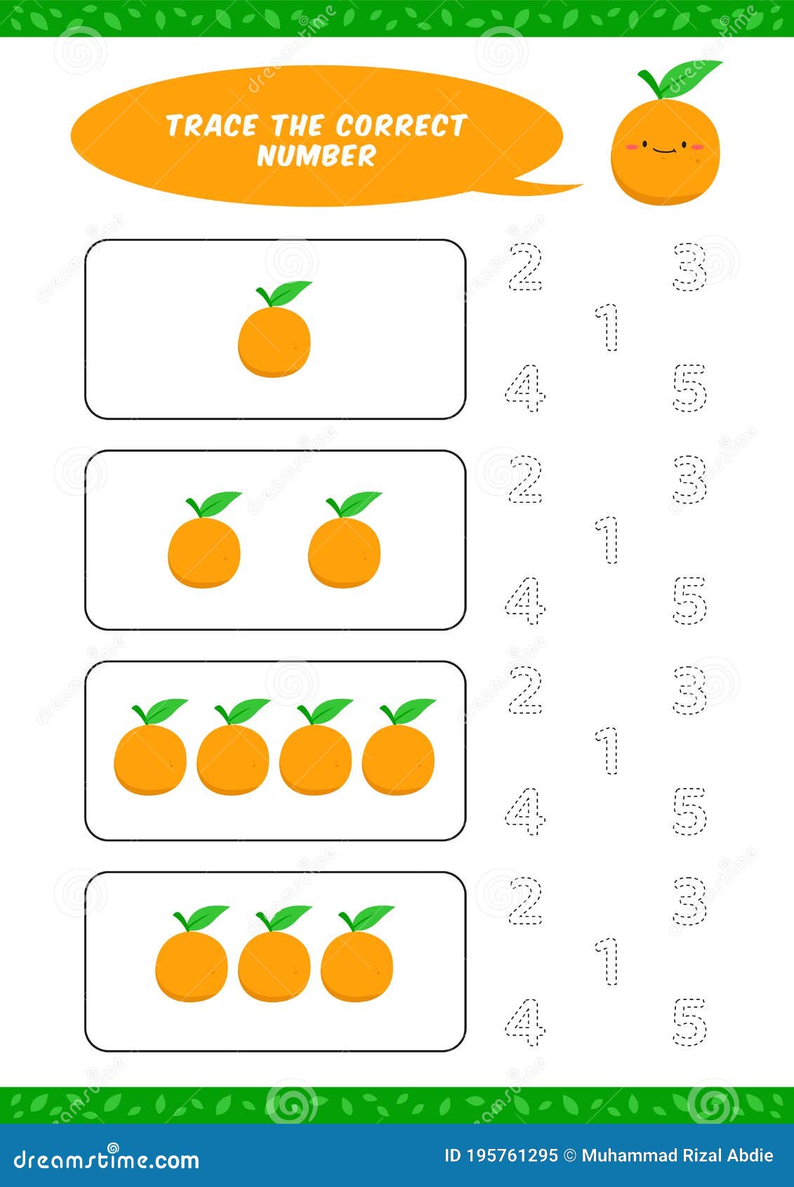Preschool Counting Learn Worksheet Tracing Writing Number Activity Vector  Template with Cute Orange Cartoon Illustration for Child Stock Vector -  Illustration of number, count: 195761295