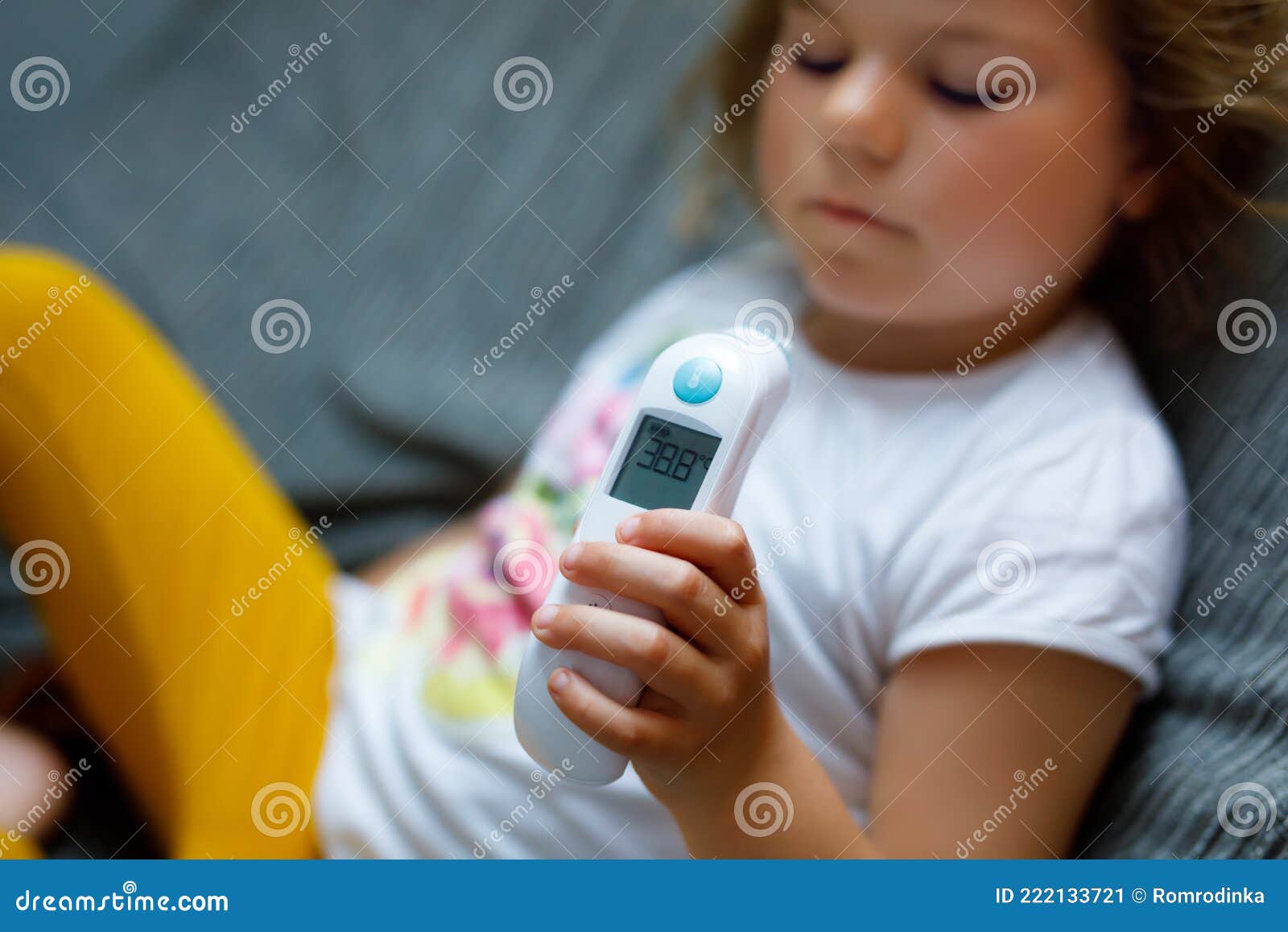 Preschool Girl Takes Temperature and Feeling Sick. Toddler Child with  Infrared in Ear Thermometer at Home, High Grade Stock Image - Image of child,  covid19: 222133721