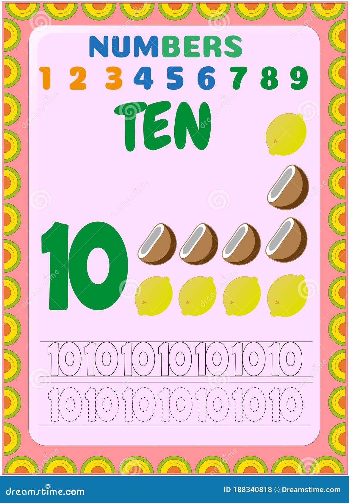 Preschool Toddler Math with Coconut and Lemon Design Stock Vector