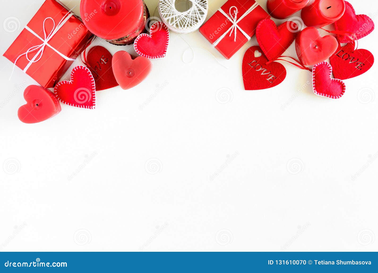 Present Box with Felt Love Hearts and Candles on White Wooden ...