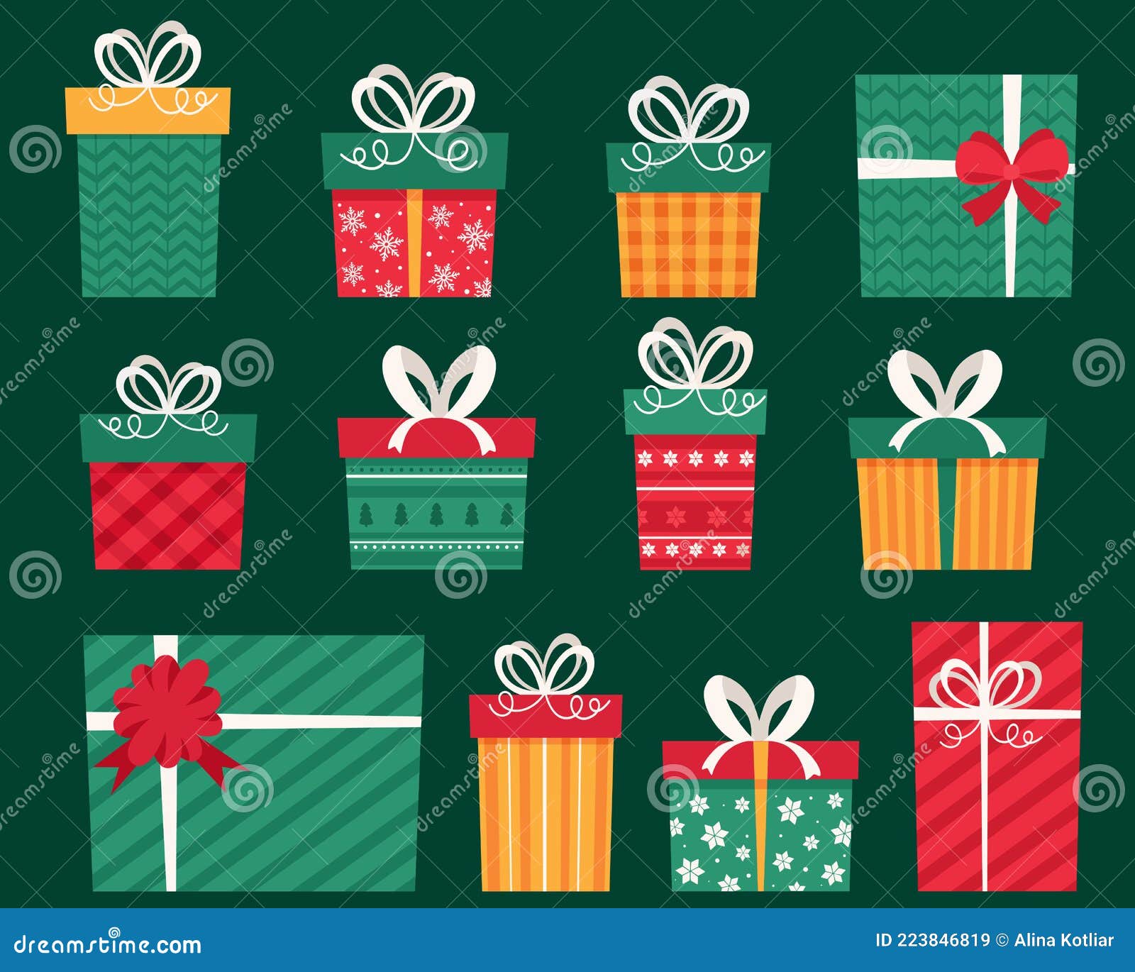 Present Boxes Collection. Christmas Gifts. Vector Illustrations. Stock