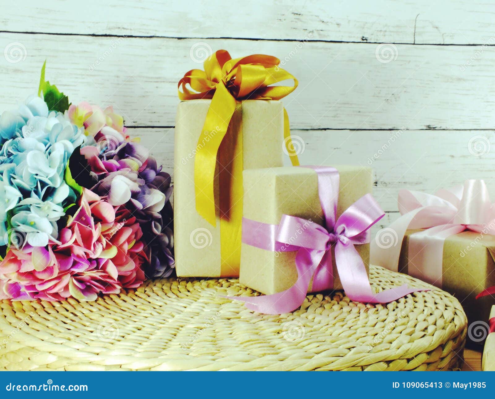 Present Boxes Decorated with Ribbon and Beautiful Decorated Stock Image