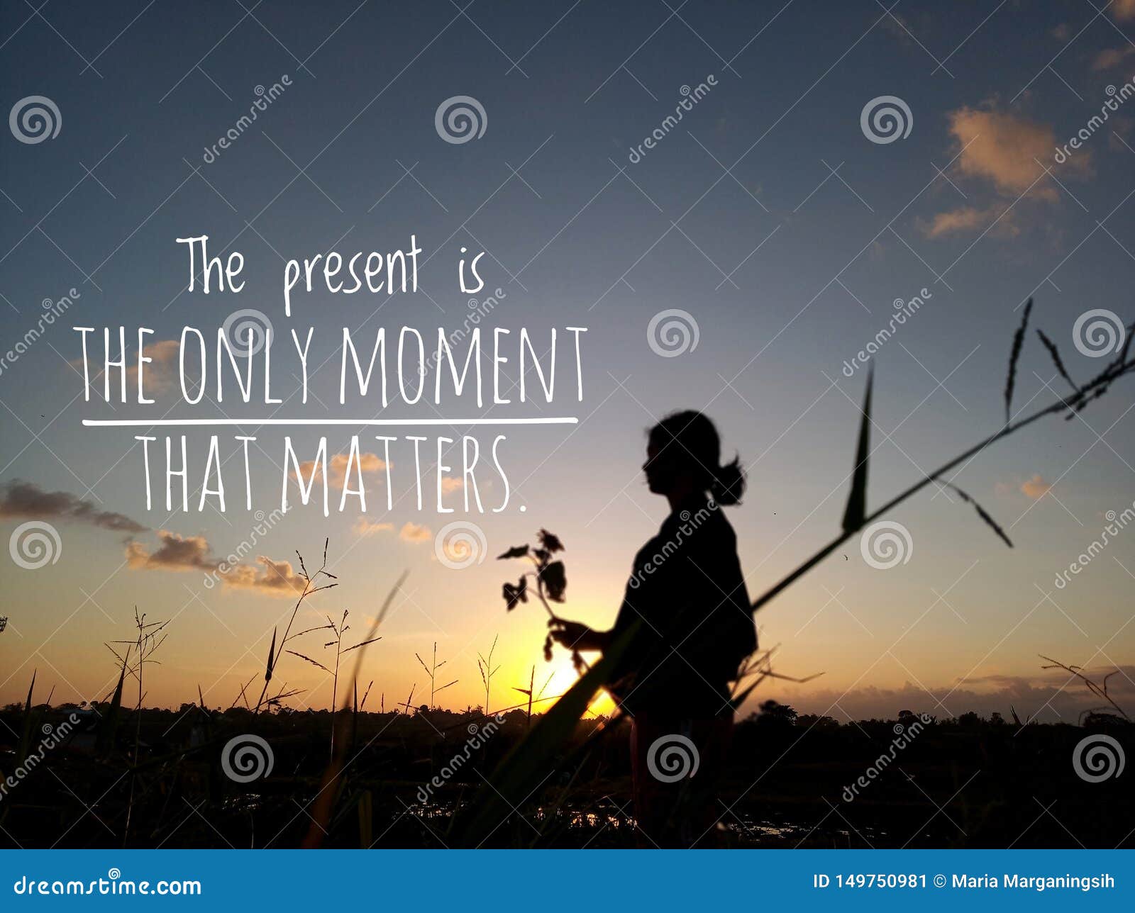 the present is the only moment that matters, silhouette image with text quote words of wisdom