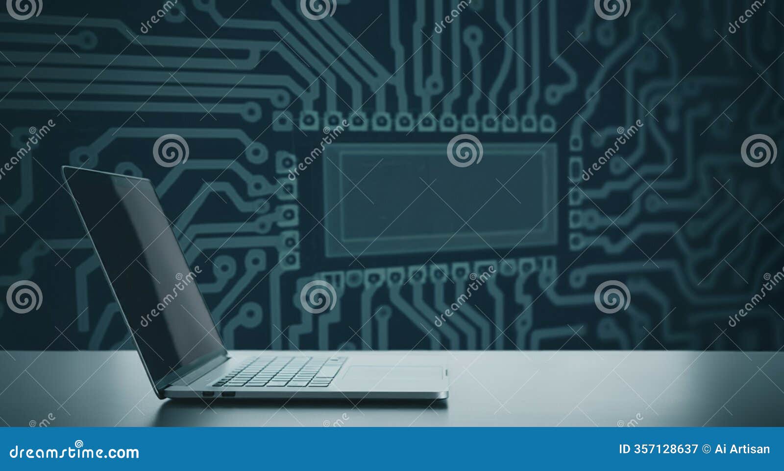 aigenerated laptop mockup with blurred circuit board background