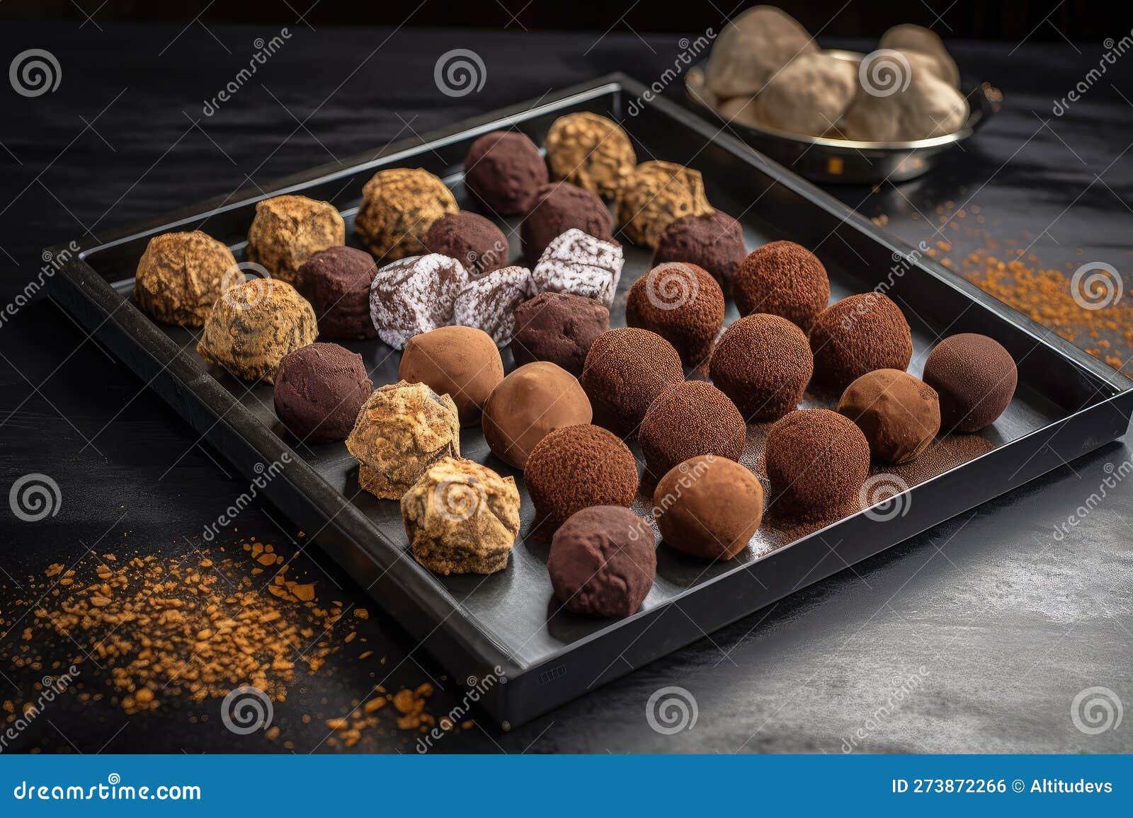 Presentation of Assorted Chocolate Truffles on Tray, Ready To Be Served