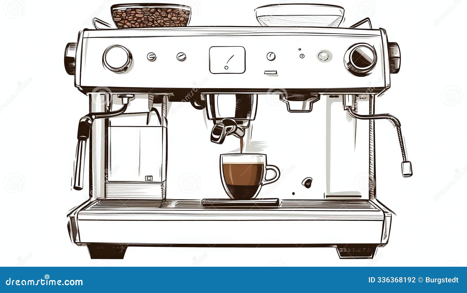 illustrative depiction of a professional coffee machine in a drawn style on a white background