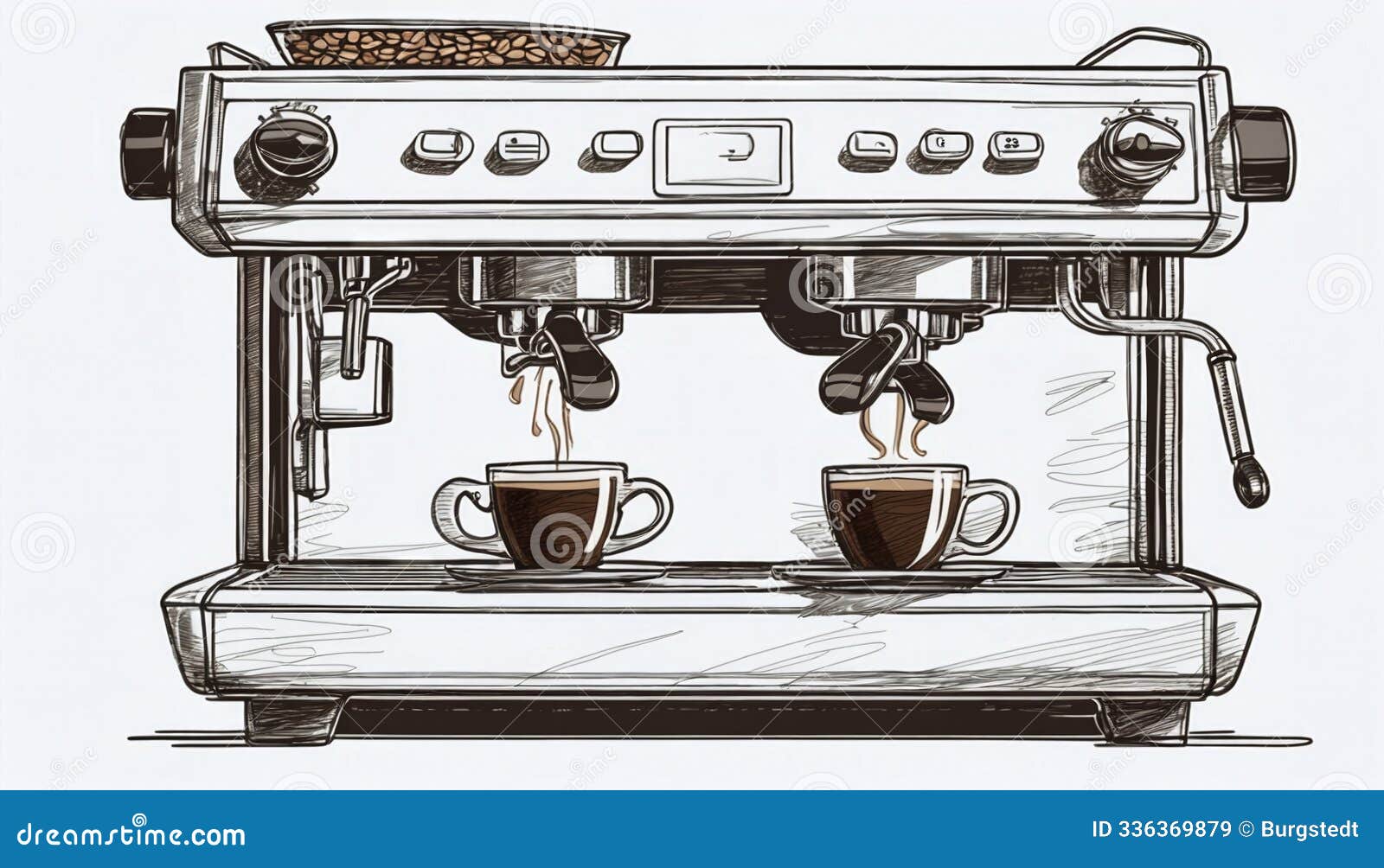 illustrative depiction of a professional coffee machine in a drawn style on a white background