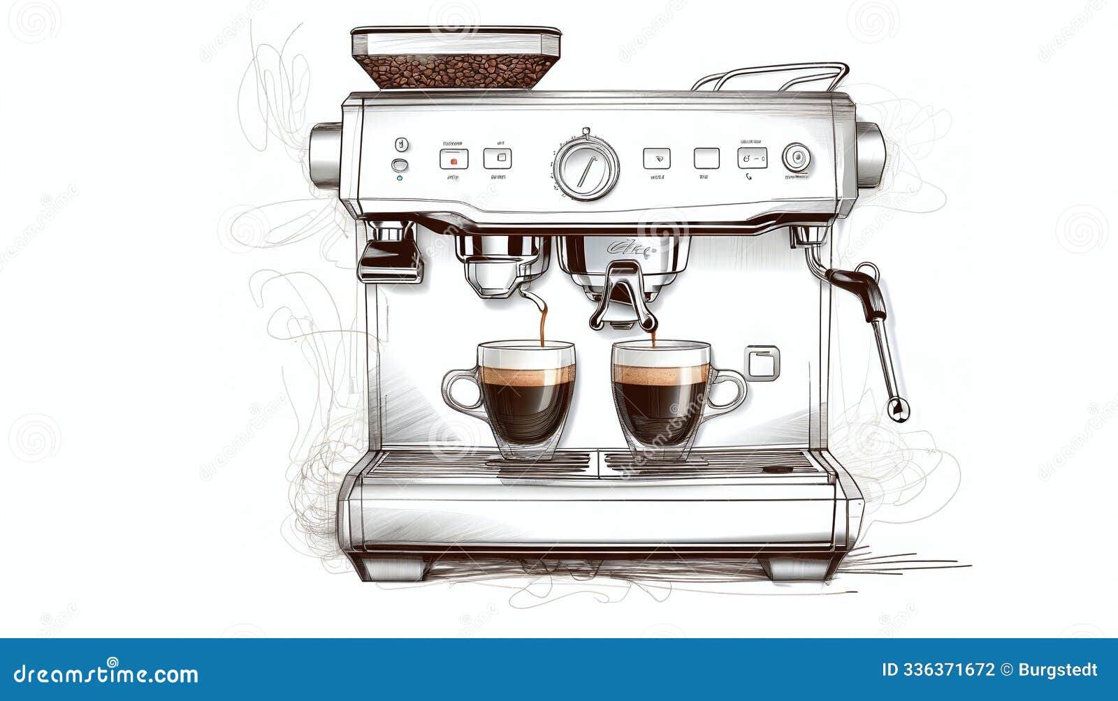 illustrative depiction of a professional coffee machine in a drawn style on a white background