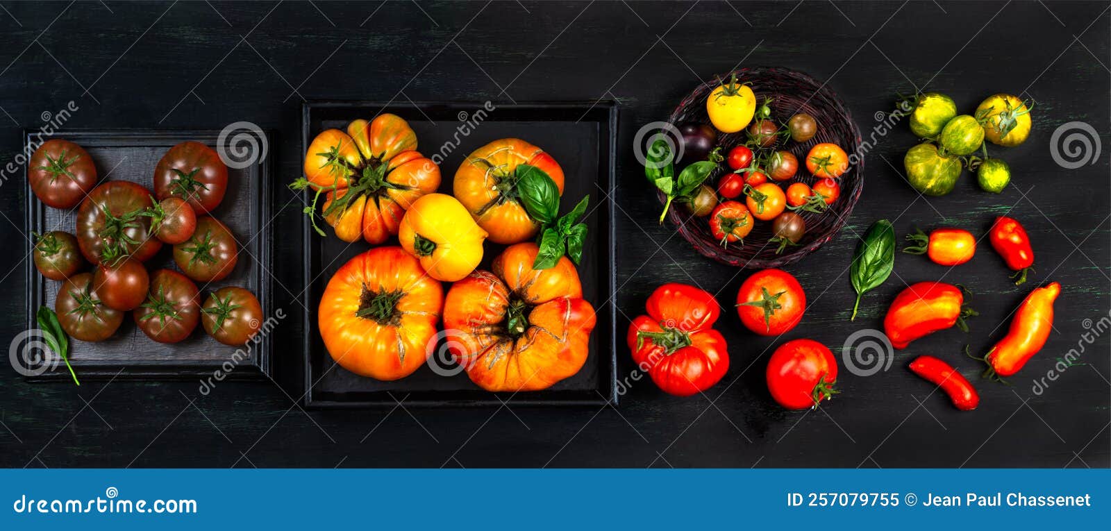 presentation of old tomatoes in trays and basket