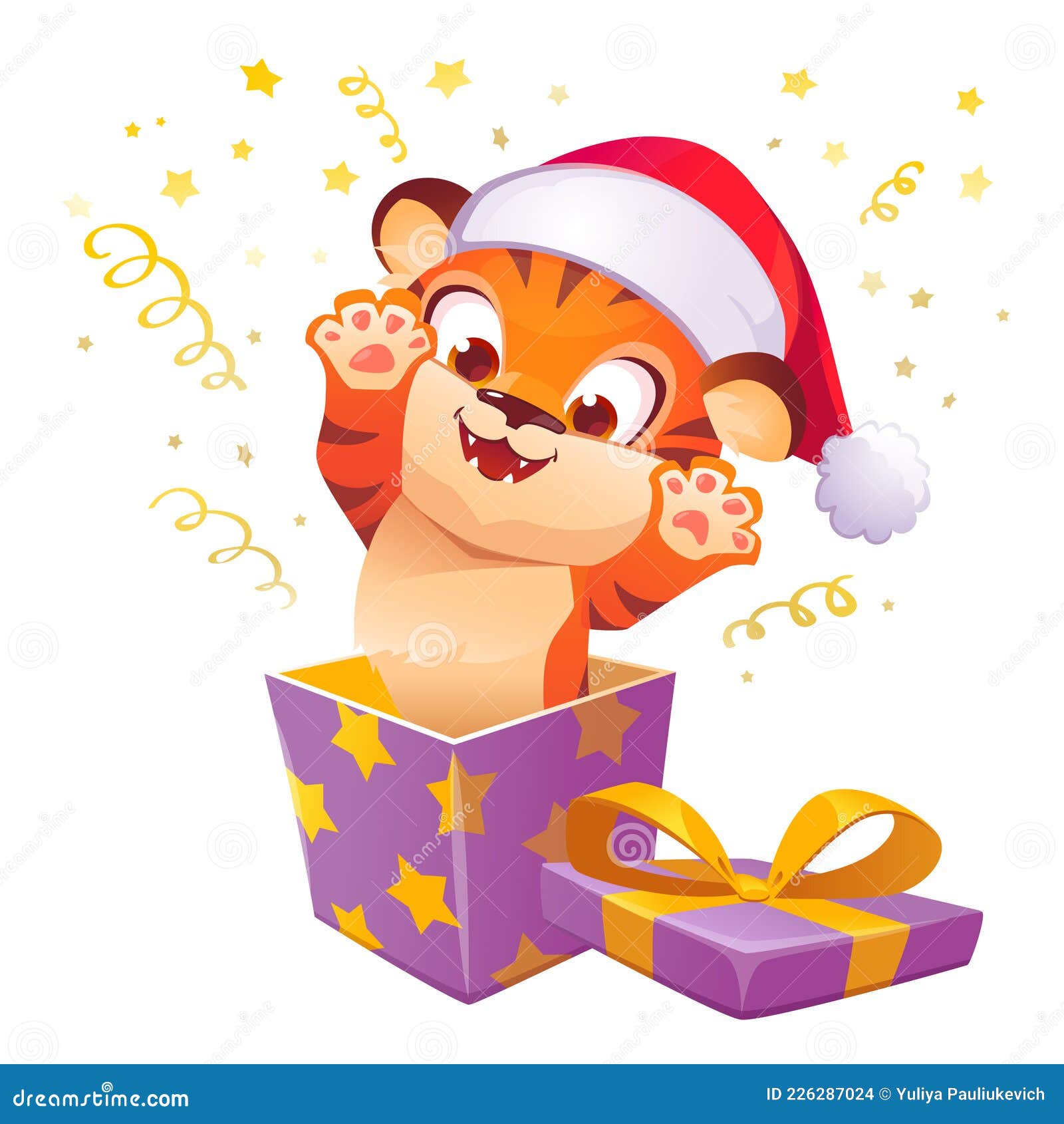 Presentlåda Med Söt Tiger I Julklapp Som Läcker Ut Vektor