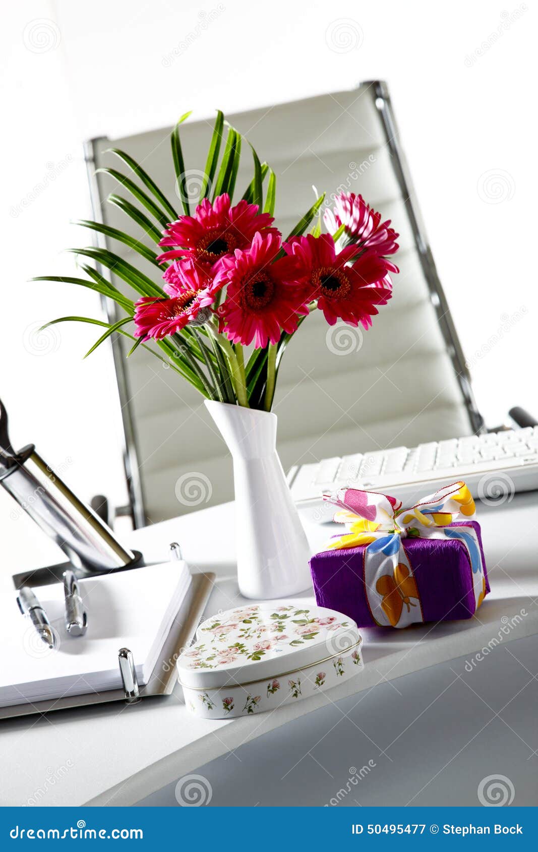 Presents and Flower Vase on Office Table Stock Image Image of