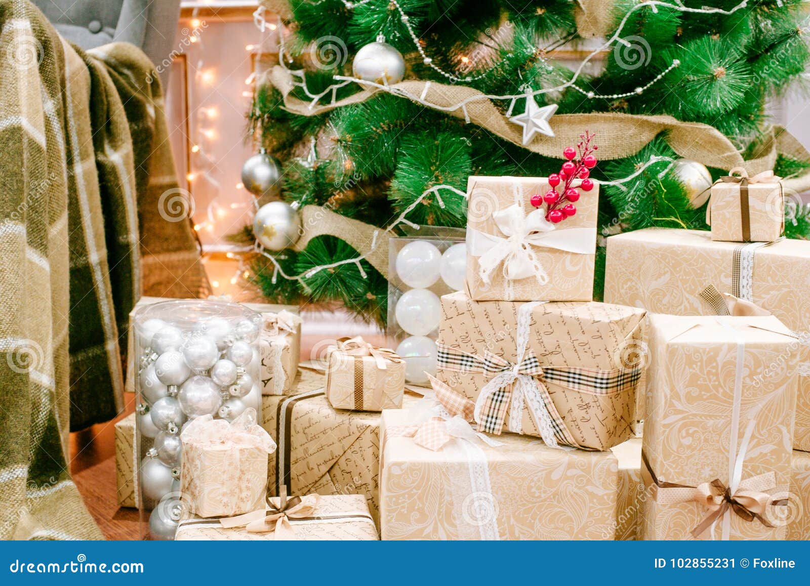 Download Presents Under Christmas Tree In Living Room Stock Image Image of december light
