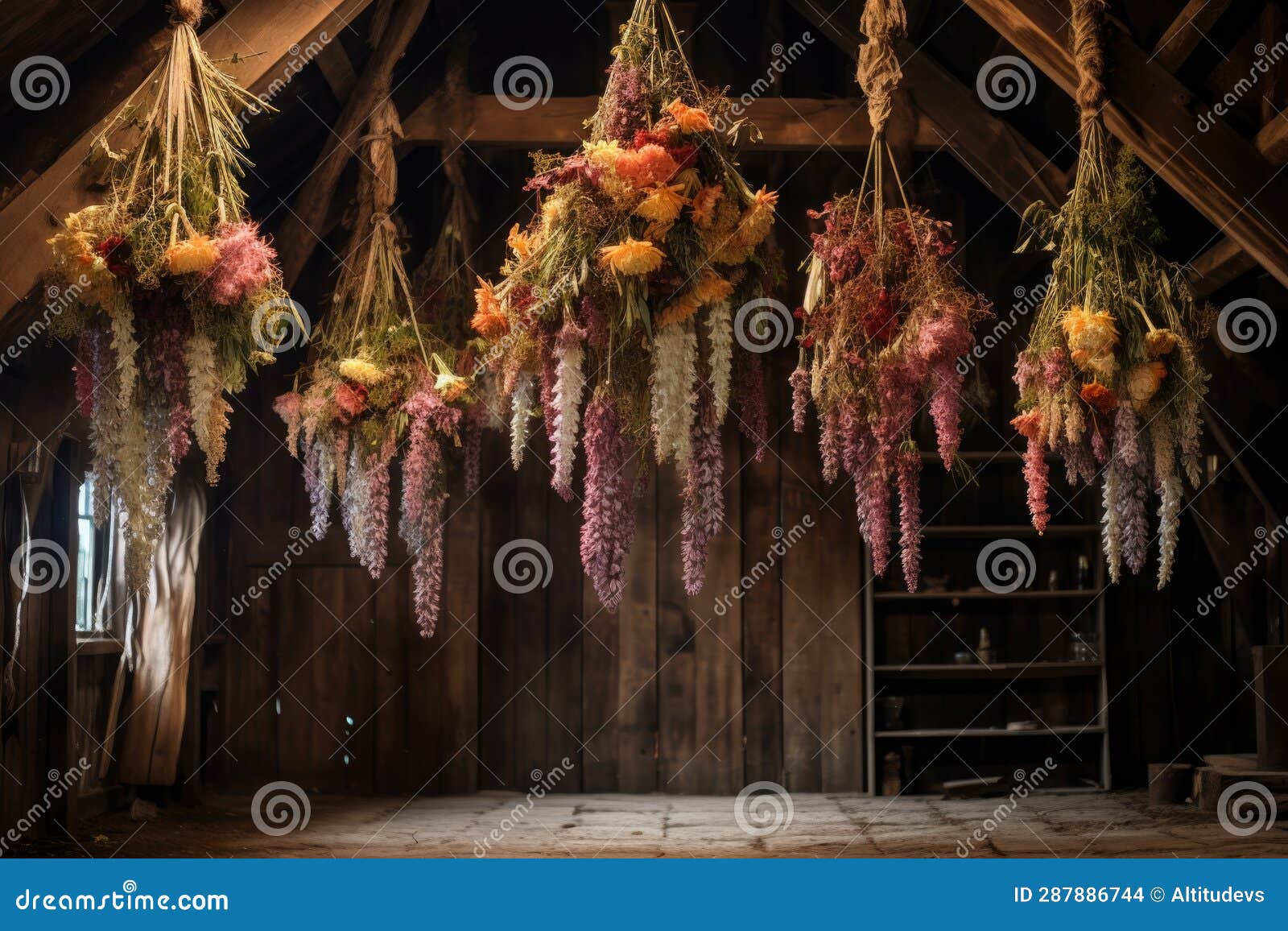 Preserved Flowers Hanging Upside Down in a Rustic Setting Stock Photo