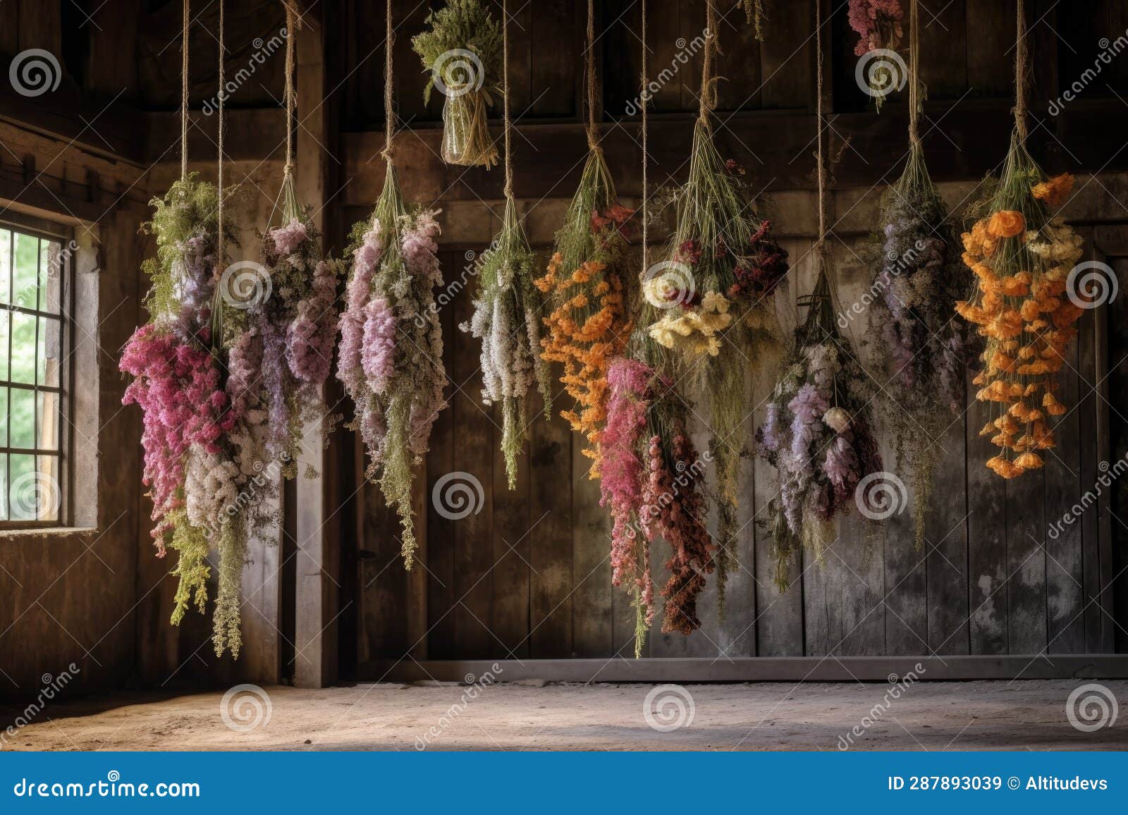Preserved Flowers Hanging Upside Down in a Rustic Setting Stock Illustration Illustration of