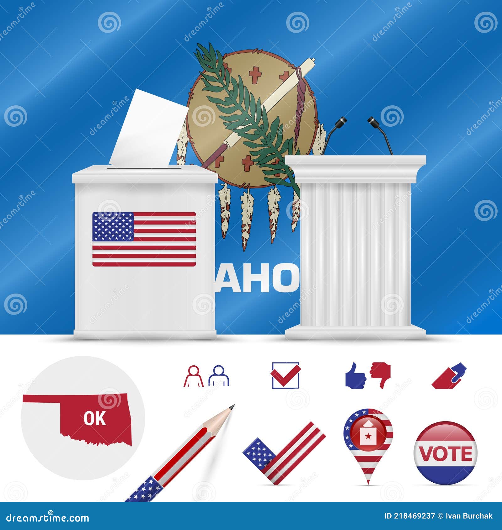 Presidential Elections in Oklahoma. Vector Flag, Ballot Box, Speaker S