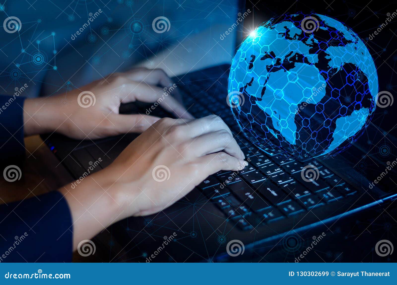 press enter button on the computer. business logistics communication network world map send message connect worldwide hand keyboar