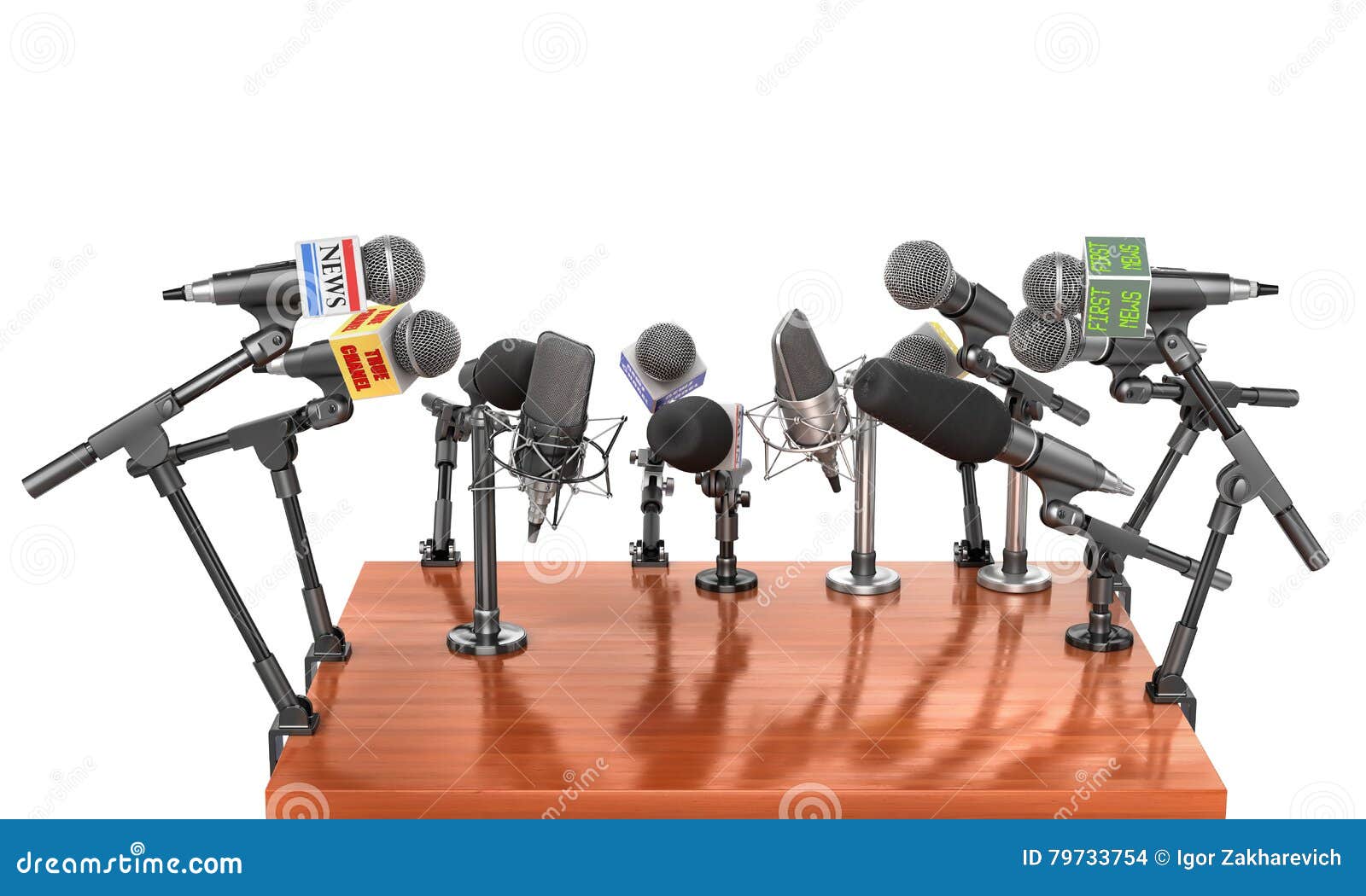 Pressez le concept Microphones de réunion de conférence avec la tribune sur le fond blanc illustration 3D