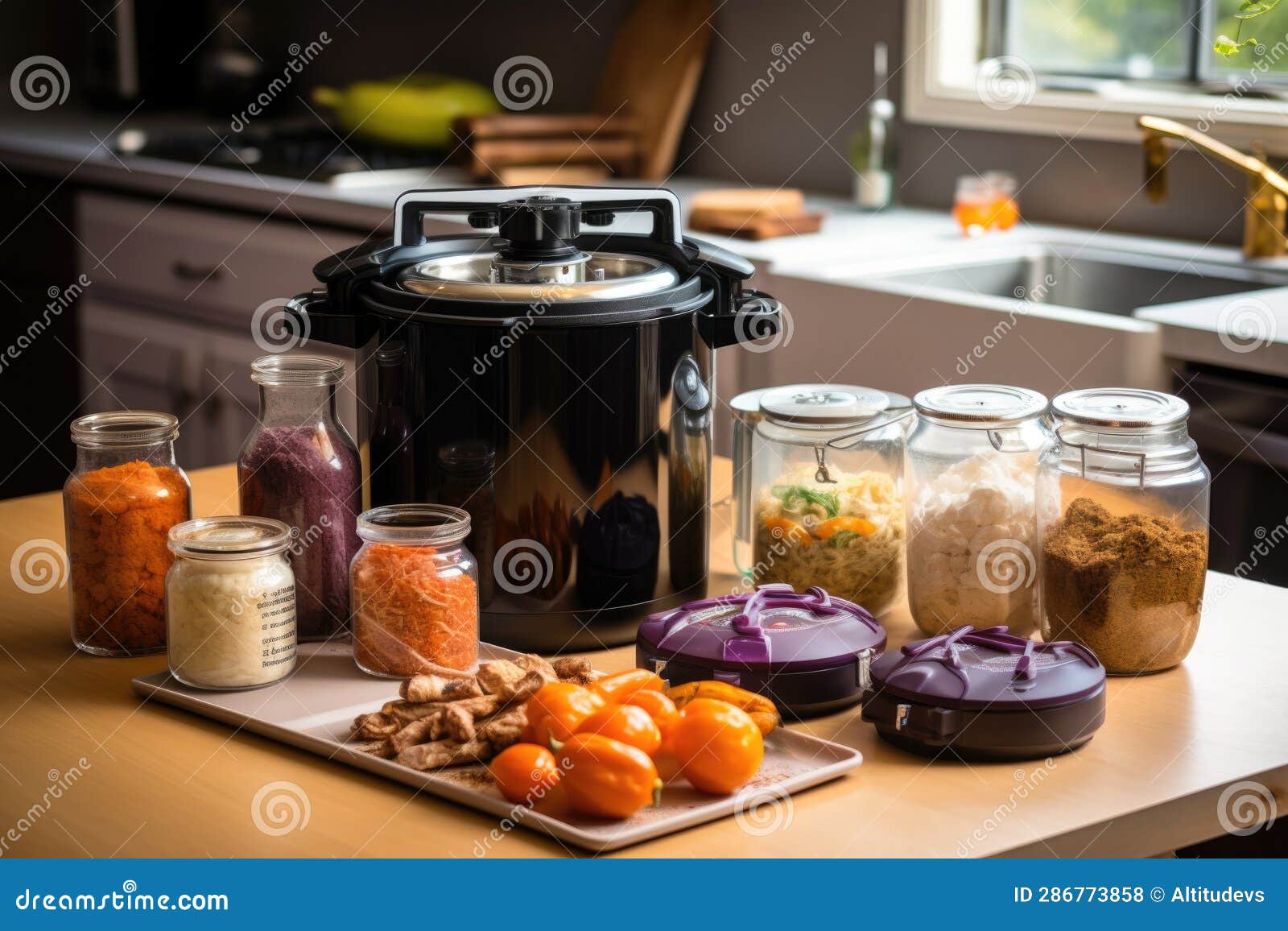 Pressure Cooker with Various Meal Prep Containers Stock Photo Image