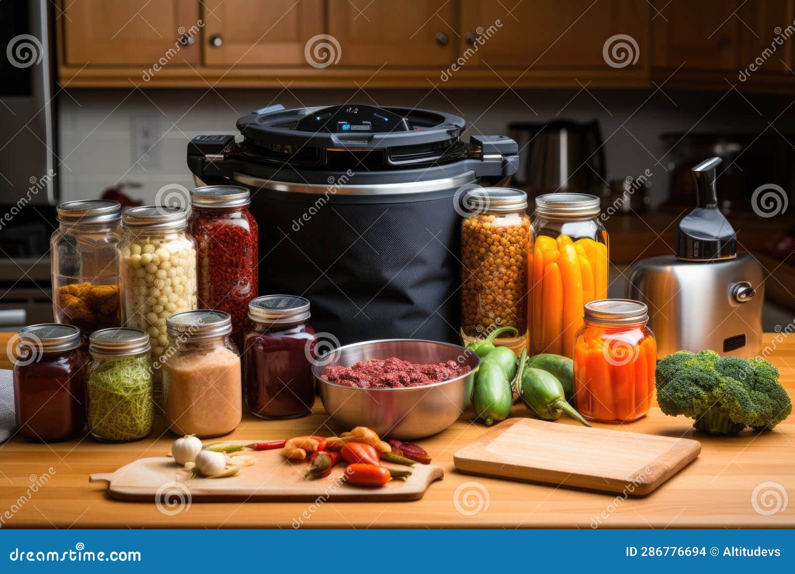 Pressure Cooker with Various Meal Prep Containers Stock Photo Image