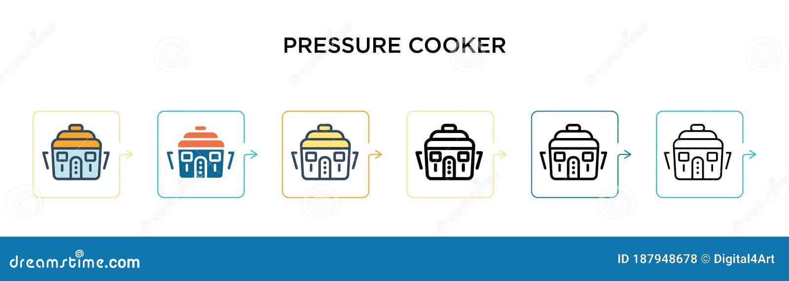 pressure cooker  icon in 6 different modern styles. black, two colored pressure cooker icons ed in filled, outline,
