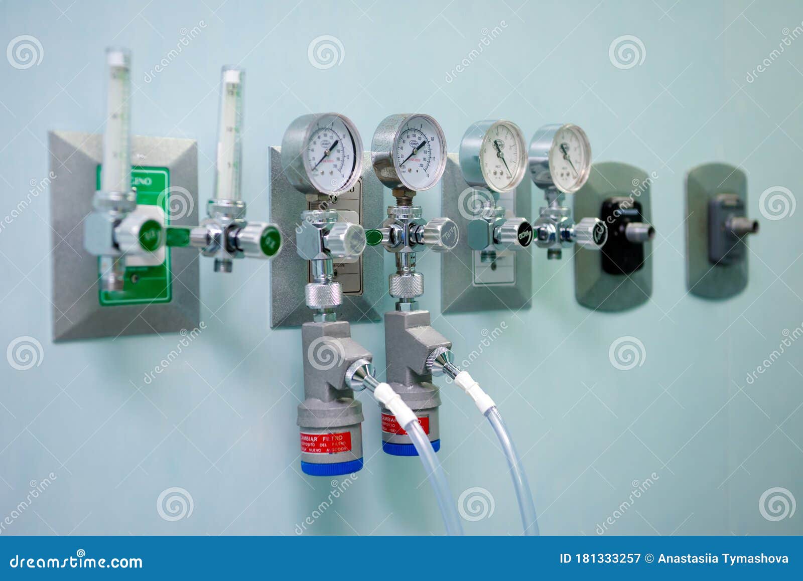 Pressure Gauges on the Wall in the Operating Room To Adjust Oxygen