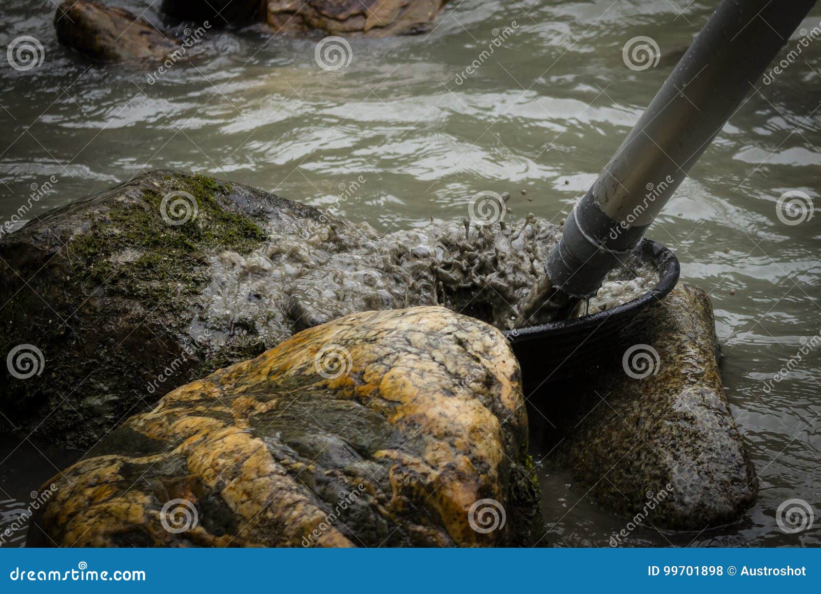 Pressure of a Hand Pump, Muddy Water in a Gold Pan Stock Photo Image